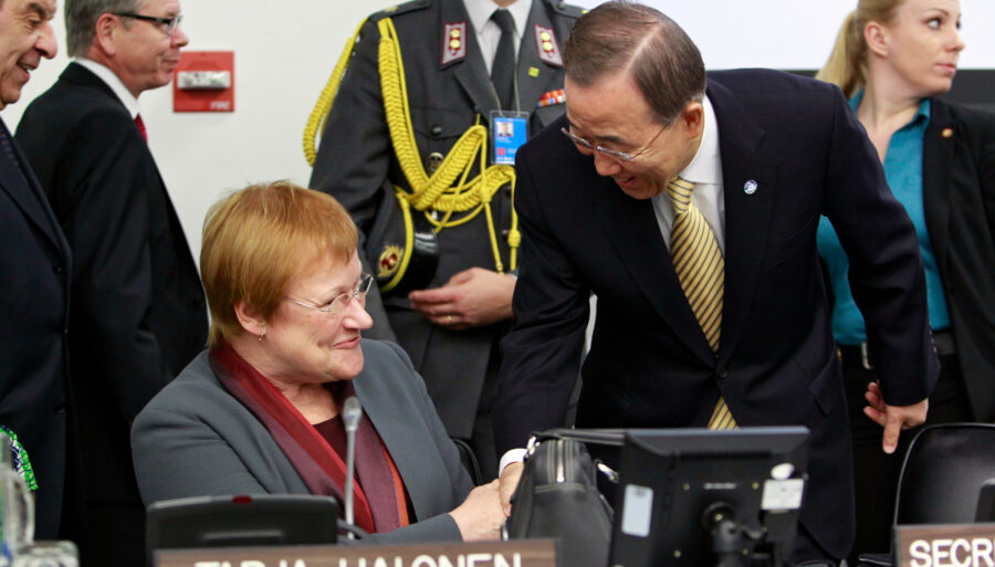 Former UN Secretary-General Ban Ki-moon greeting Tarja Halonen, Former President of Finland.
