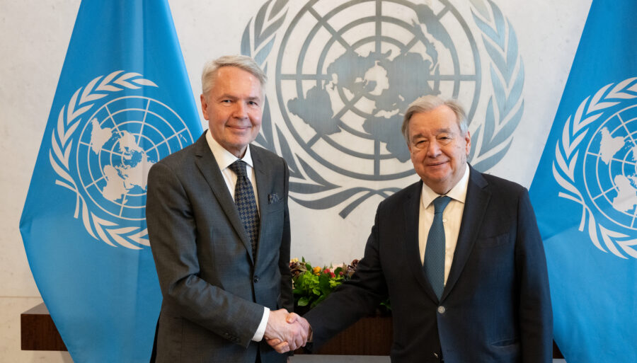 Former UN Secretary-General António Guterres greeting Former Minister for Foreign Affairs of Finland Pekka Haavisto.