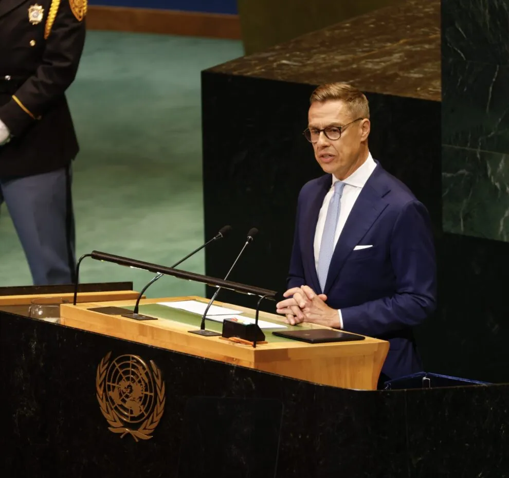 President Alexander Stubb standing behind a podium and addressing the United Nations General Assembly.