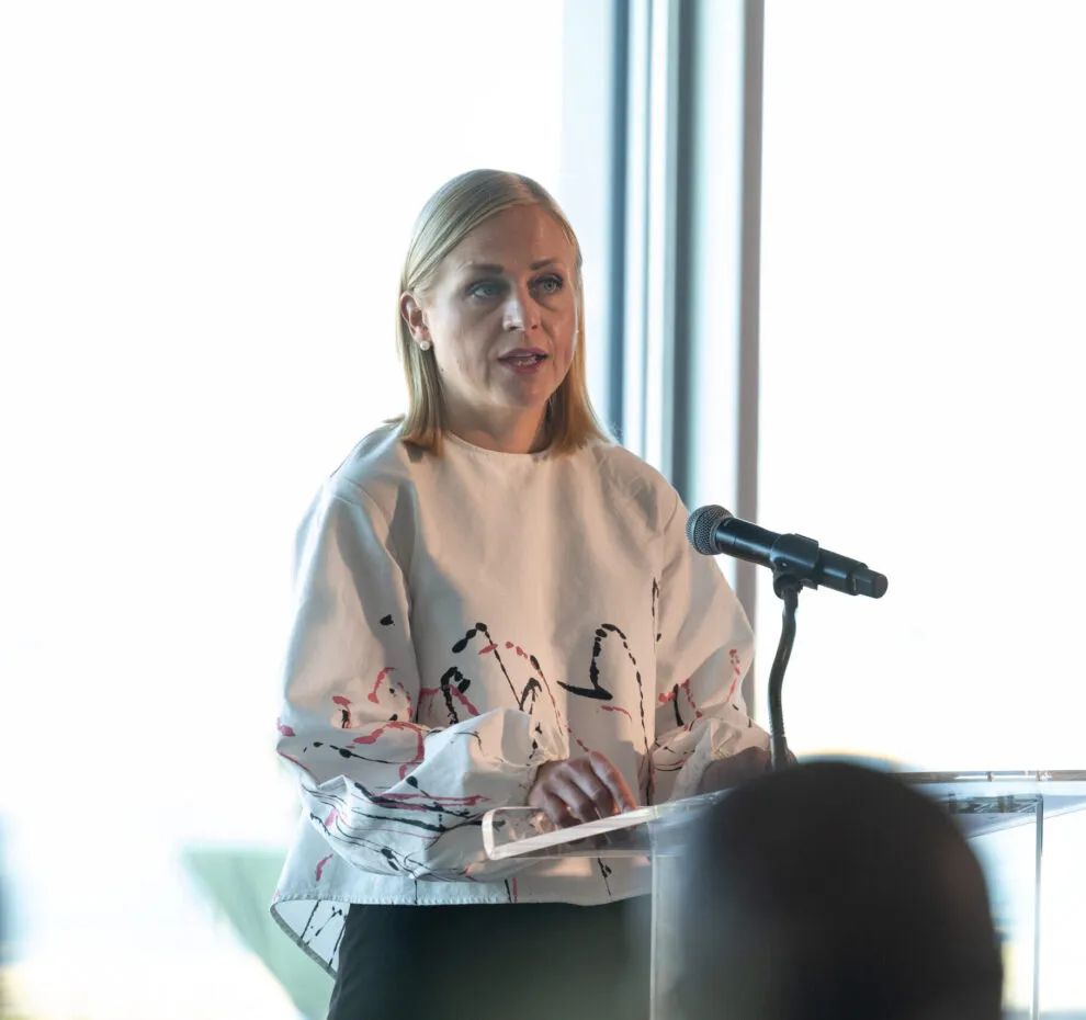 Minister Valtonen giving a speech at the launch event.