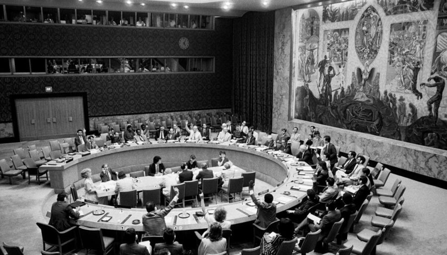 The UN Security Council gathered around a round table.