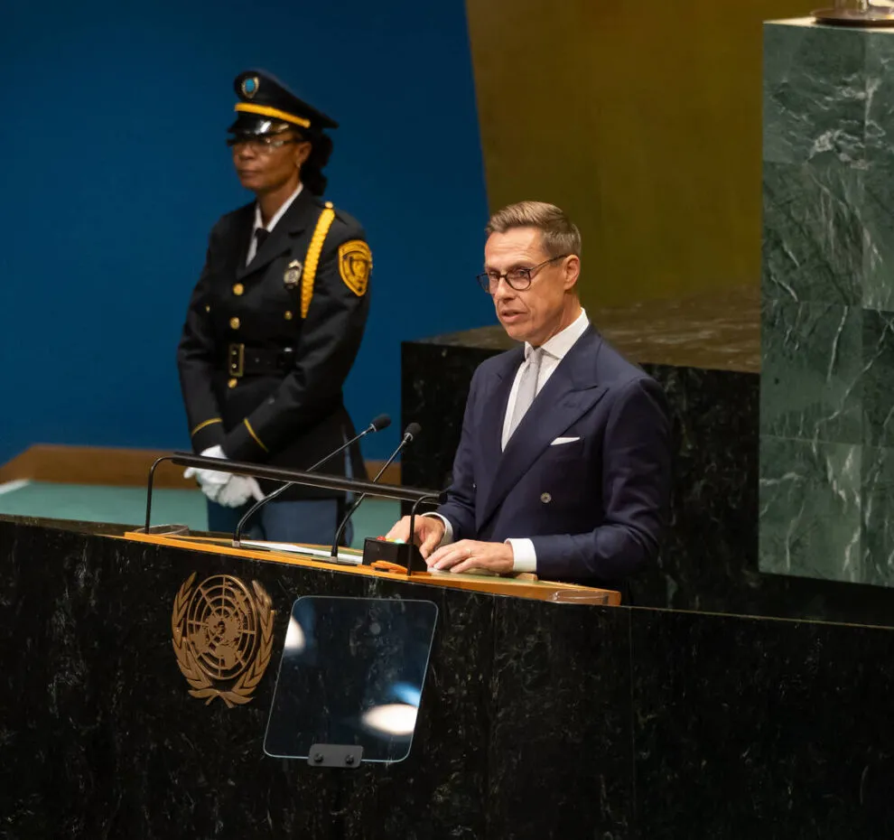 President of the Republic of Finland, Alexander Stubb, giving a speech at a podium at the UN General Assembly